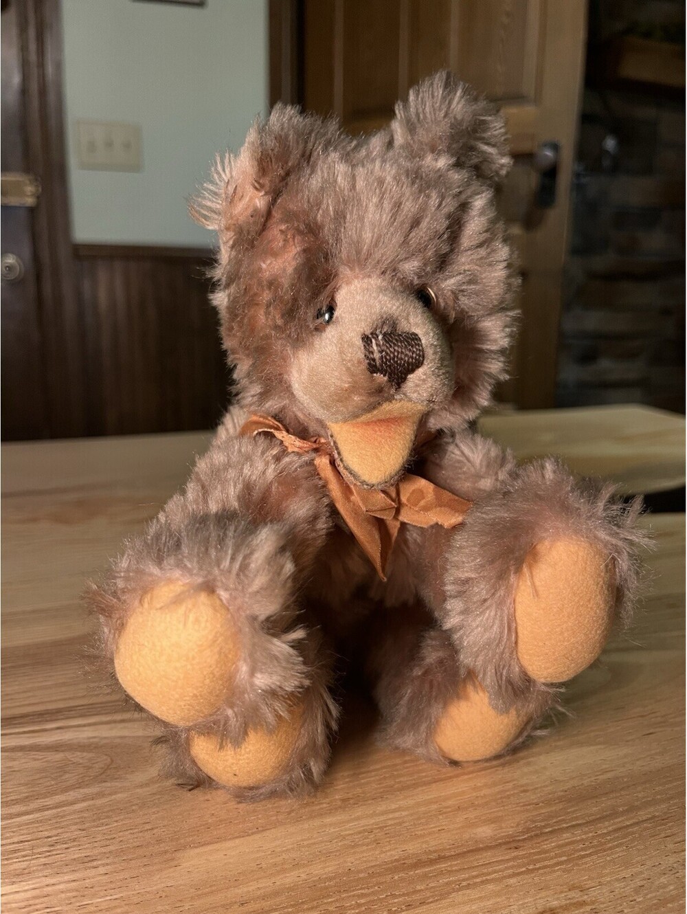 Rare Vintage German Steiff Bear/Dog Stuffed Animal Brown W/ Orange Bow
